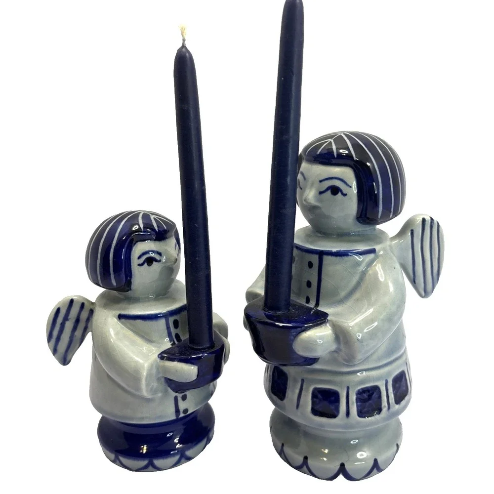 Pair Of Gzhel Russia Blue & White Porcelain Angel Candle Holder 5